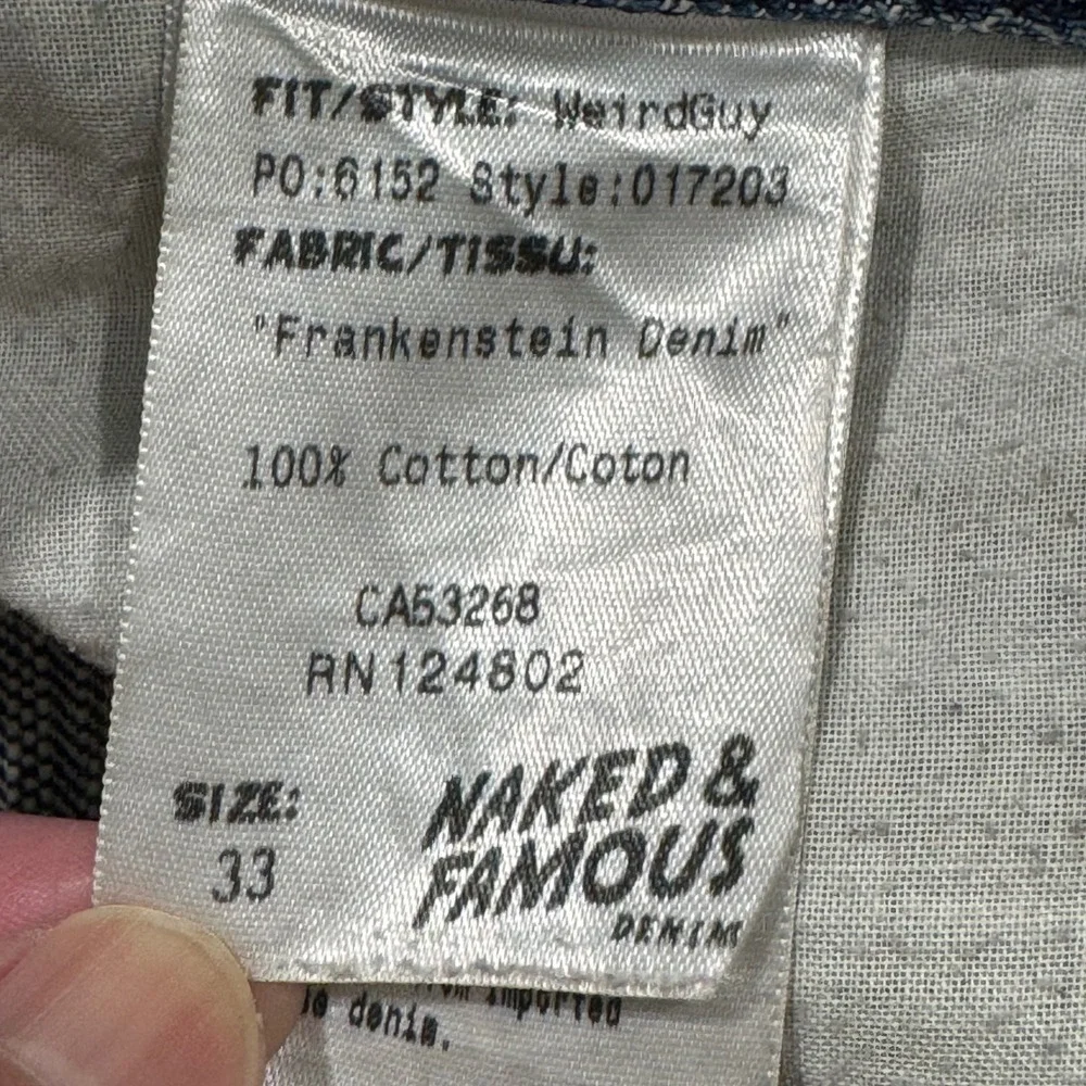Naked & Famous Weird Guy Jeans Mens 33 Blue Frankenstein Raw Japanese Denim